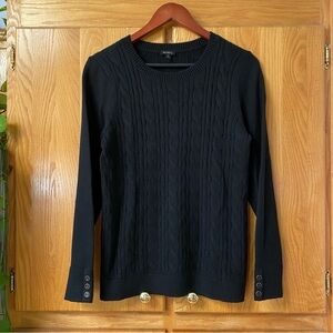 Womens Black Talbots Crewneck Cable Knit Sweater Gold Button Accent M Classic